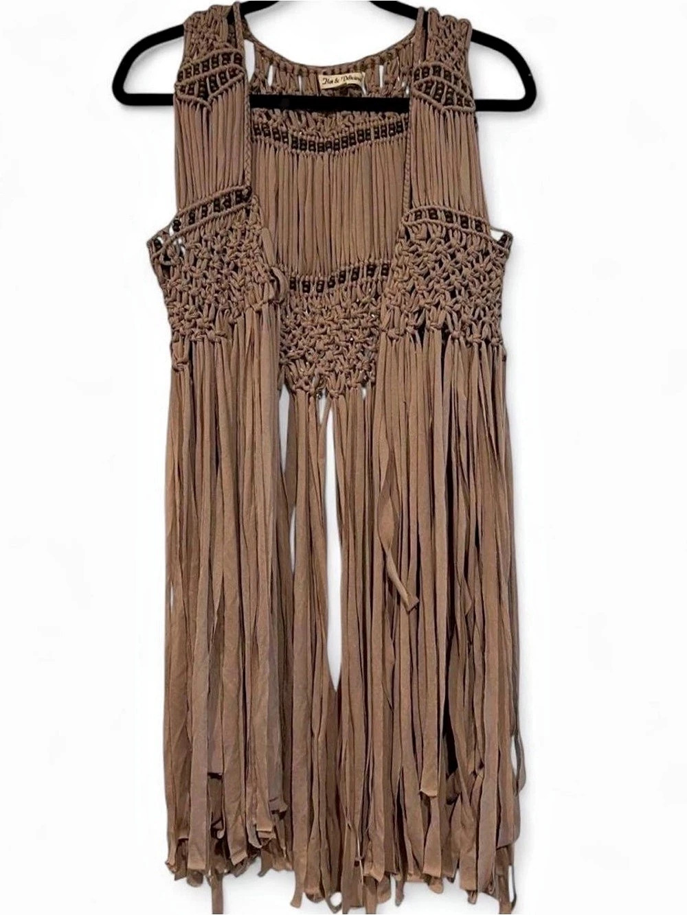 Hot & Delicious Boho Macrame Long Fringe Duster Vest - Taupe Mauve